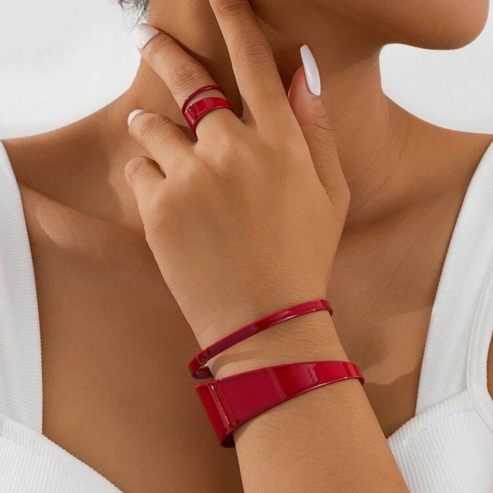 Modern Red Metal Bracelet and Ring Set